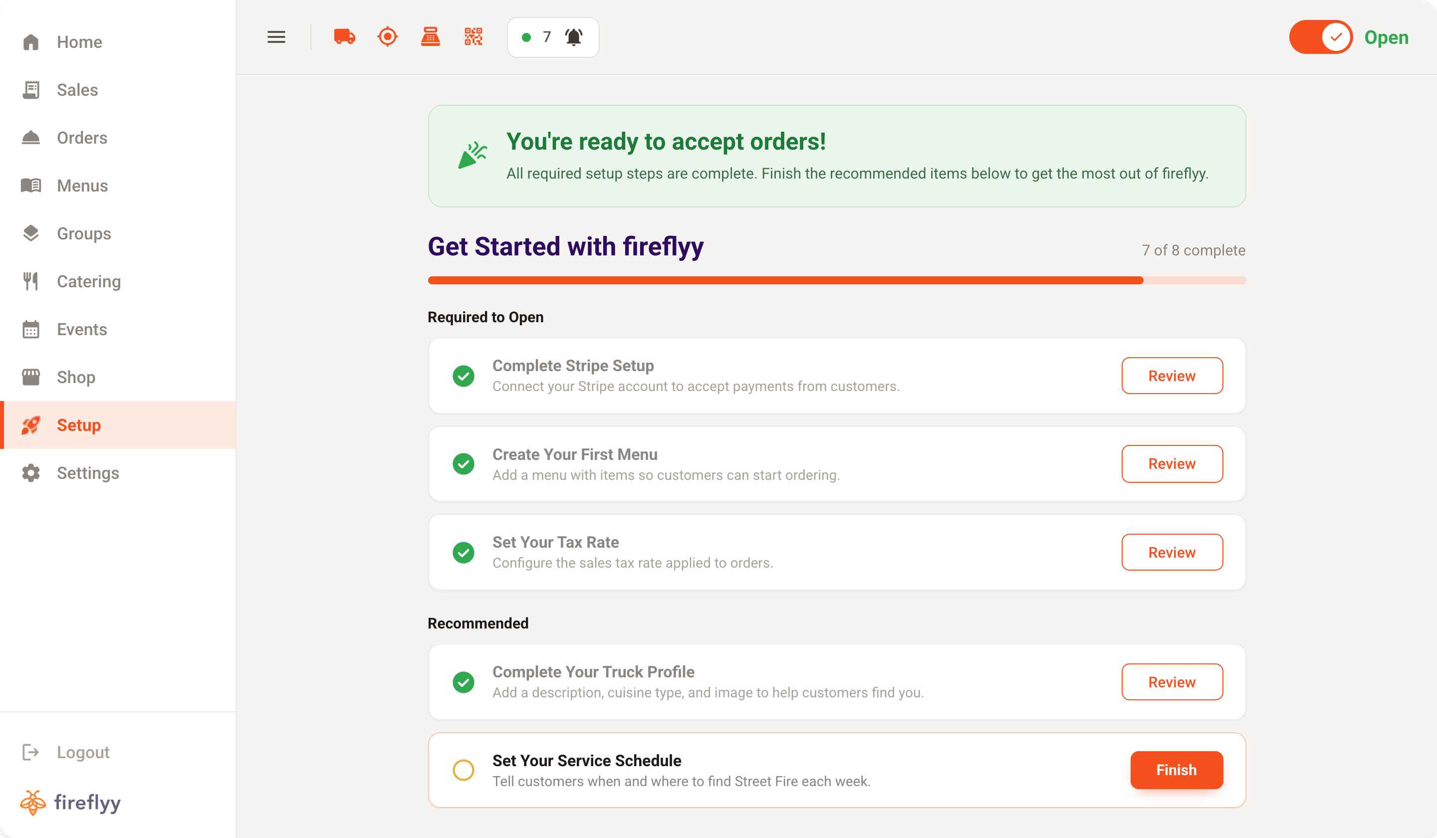 Fireflyy guided setup checklist showing all required steps complete and ready to accept orders