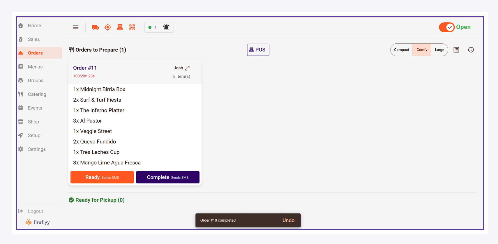 Fireflyy Orders / KDS prep screen with active orders and ready/complete controls