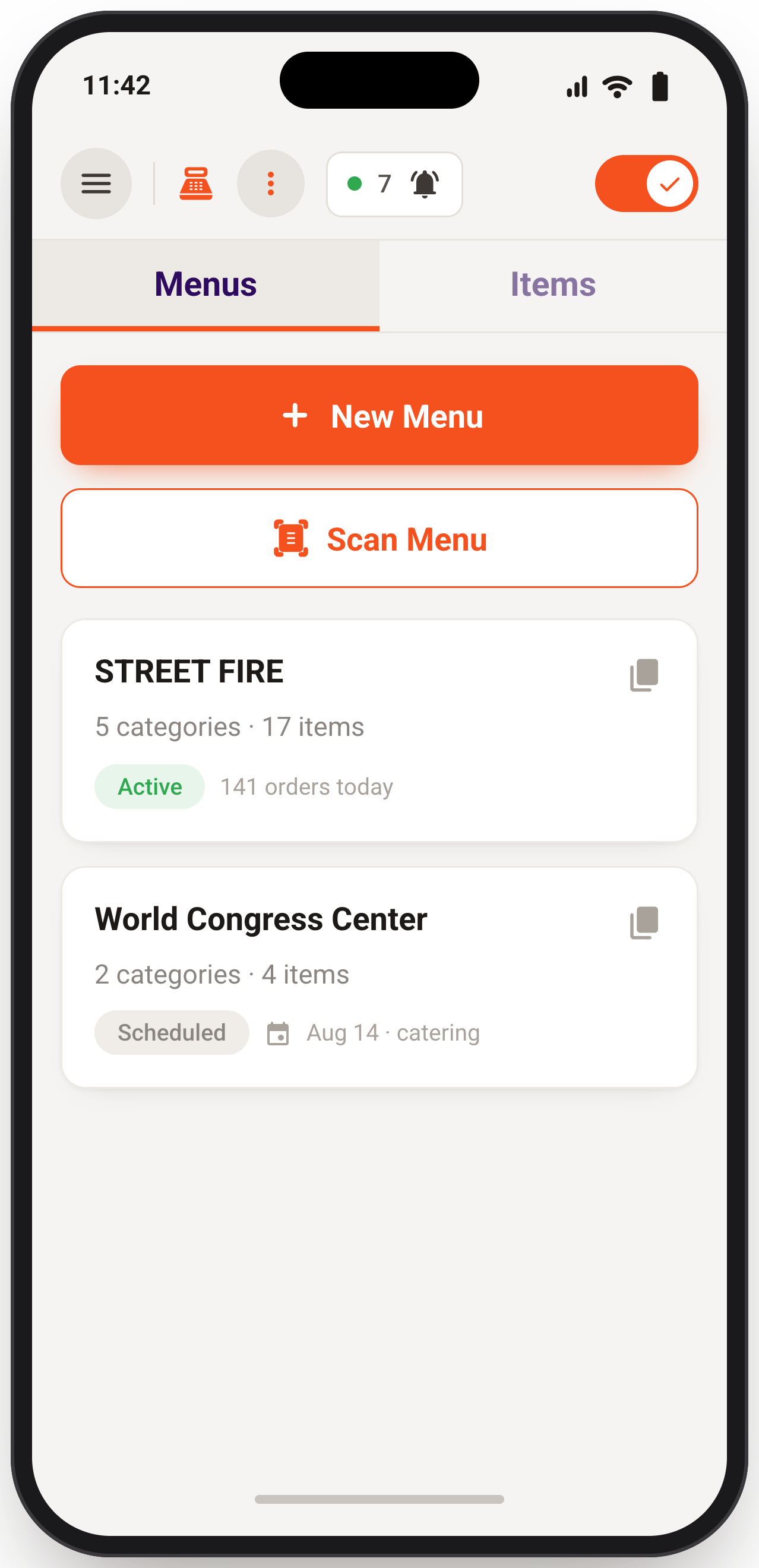Fireflyy menus screen on iPhone showing an active STREET FIRE menu with 141 orders today and a scheduled World Congress Center catering menu